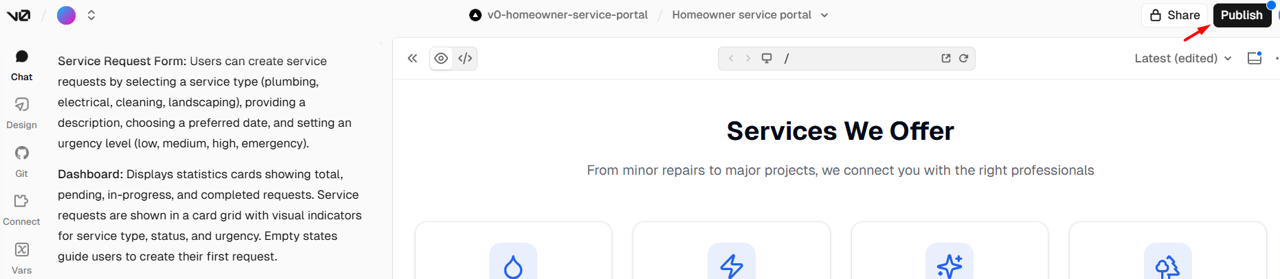 screenshot of v0 builder 'Publish' button