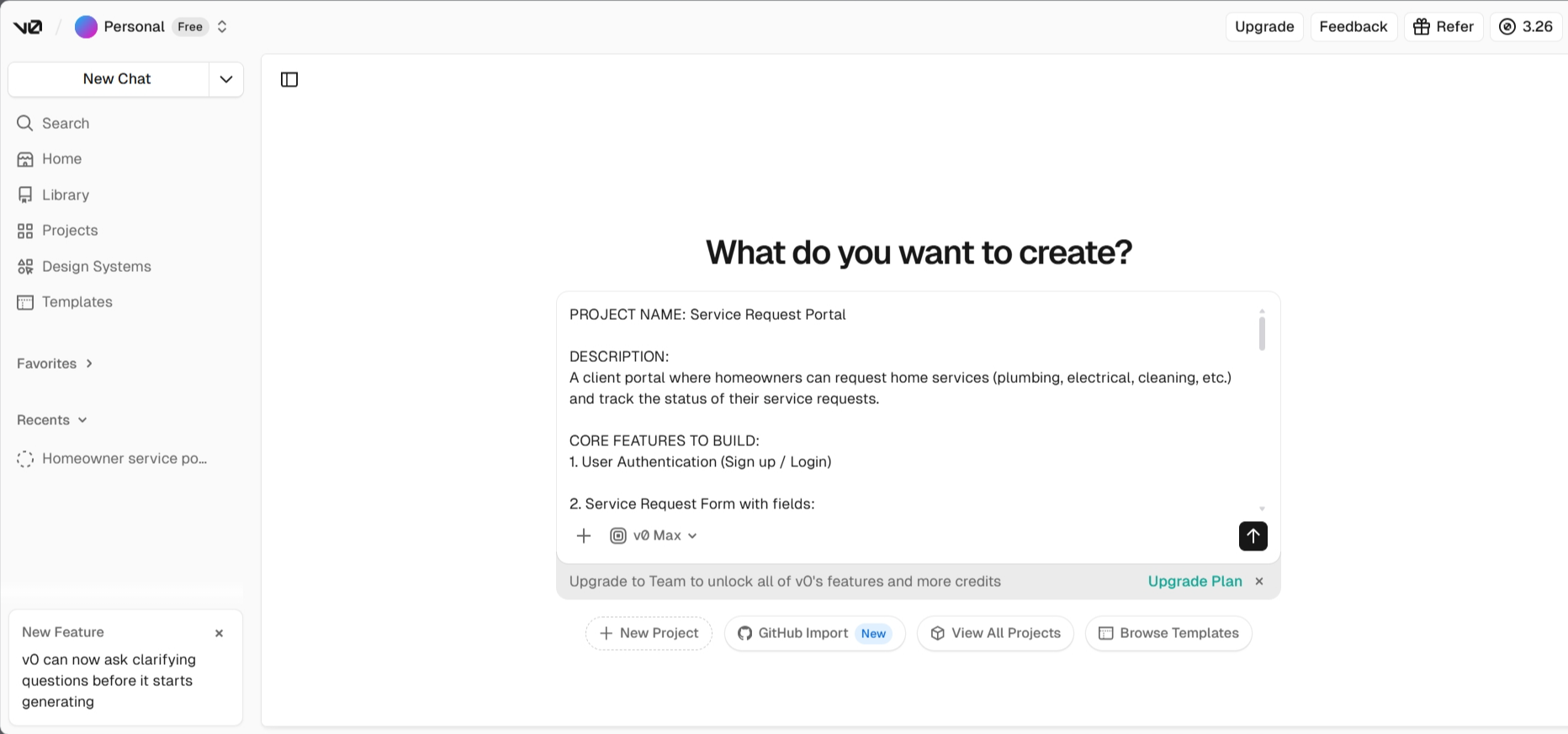 screenshot of v0 chat window