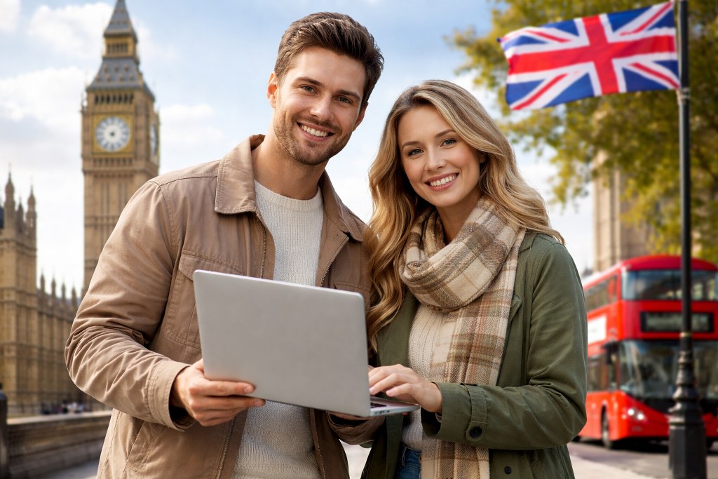 A UK man and woman holding a laptop, standing in London with Big Ben,