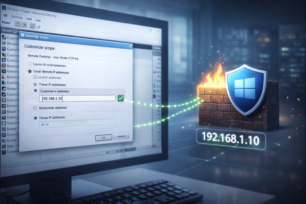 A Windows Firewall rule restricts Remote Desktop access so only a trusted IP address can connect securely.