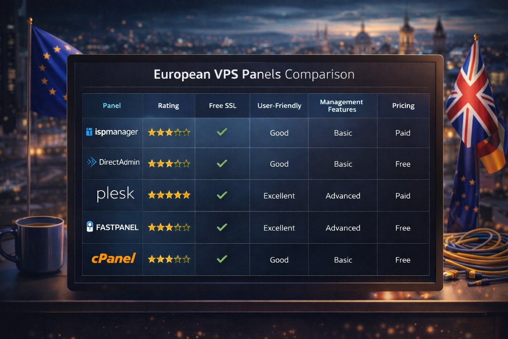 A comparison table showcasing major European VPS control panels
