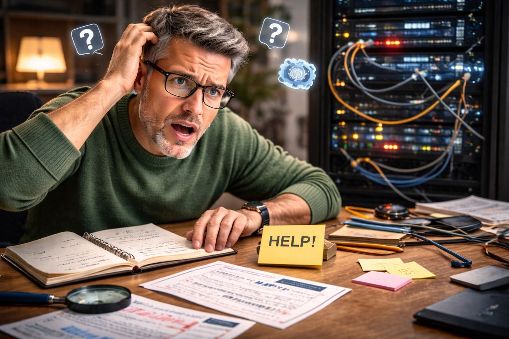 A confused beginner sits at a desk with notes and server equipment