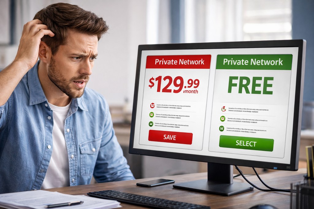 A confused man compares a $129.99 private network fee with a free option on his computer screen