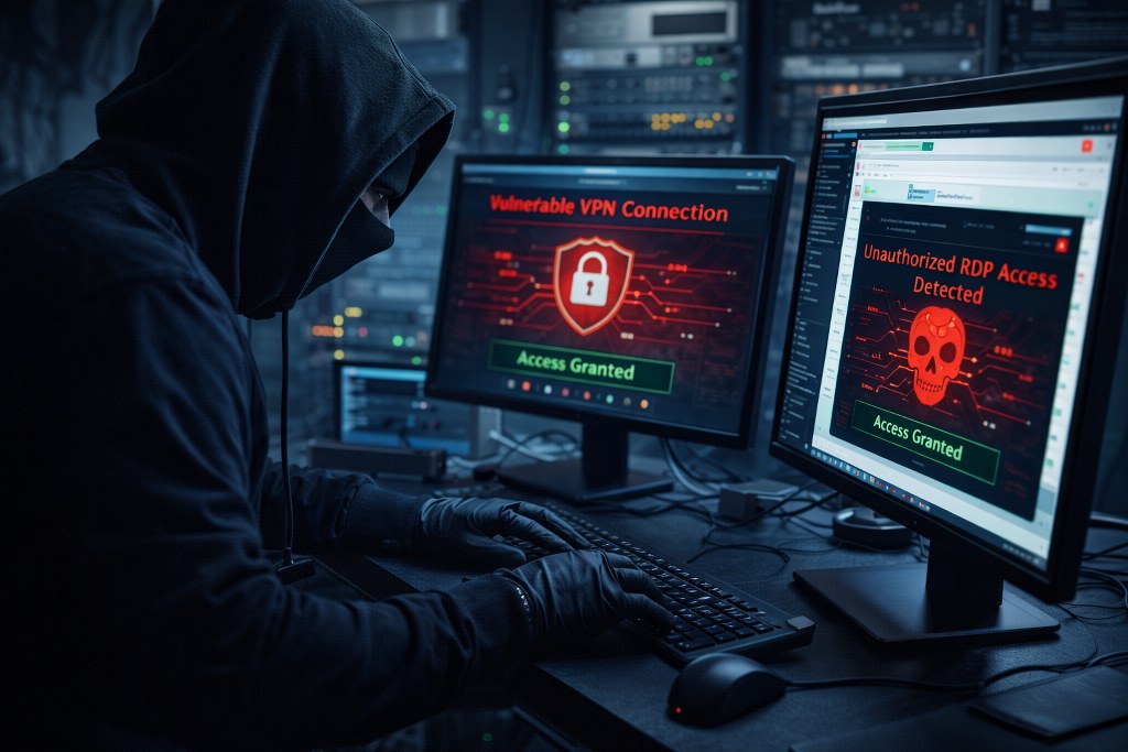 A cyber attacker silently infiltrates vulnerable VPN and RDP systems
