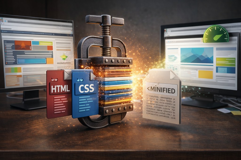 A desk scene shows a metal clamp compressing HTML and CSS file icons into a single minified file