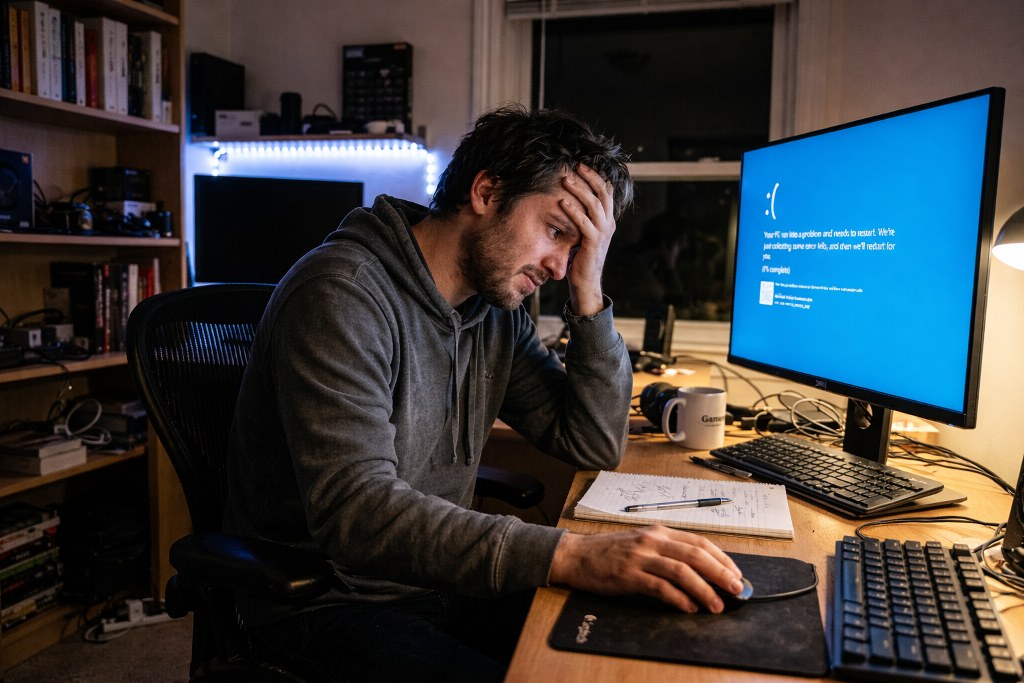 A frustrated man sits at his desk at night
