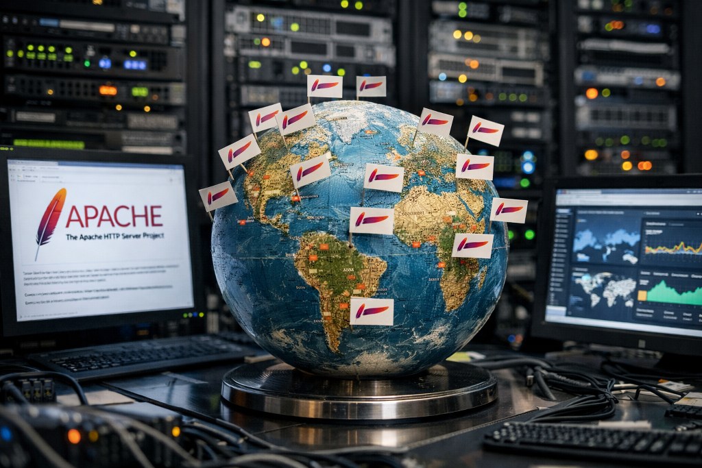 A globe covered with Apache flags, surrounded by racks and live dashboards