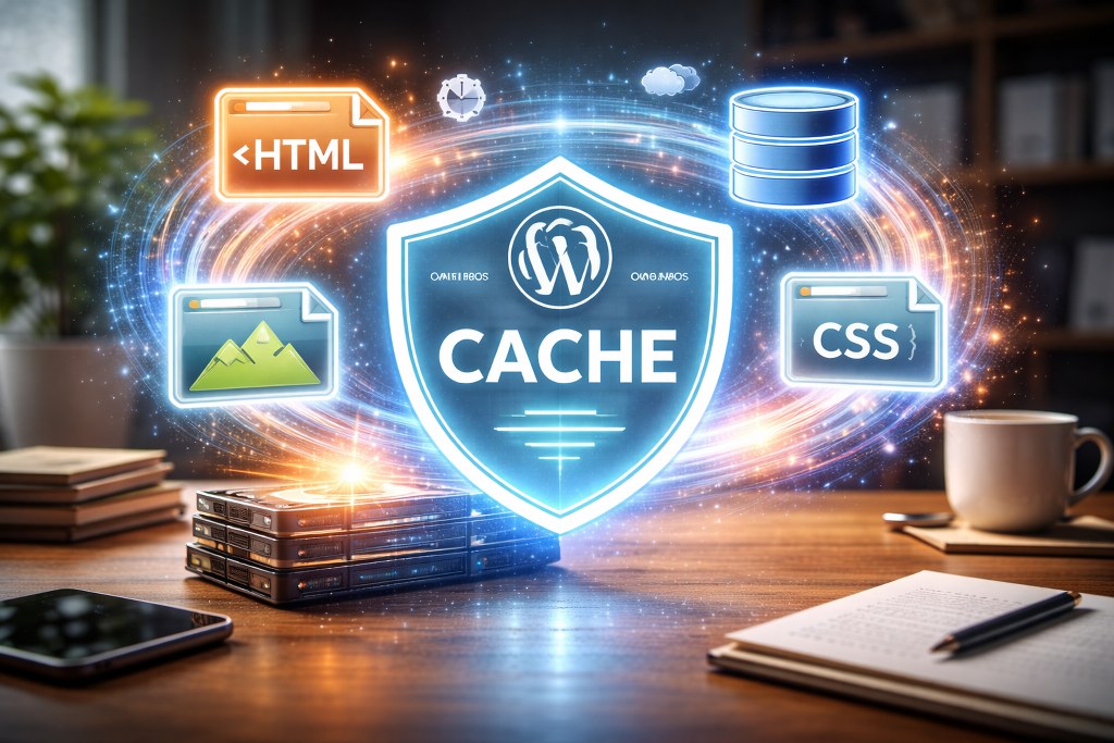 A glowing cache shield stores website files like HTML, CSS