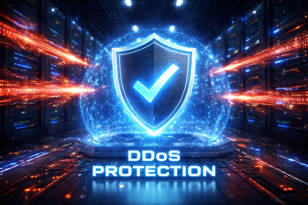 A glowing digital shield blocks a massive flood of malicious traffic