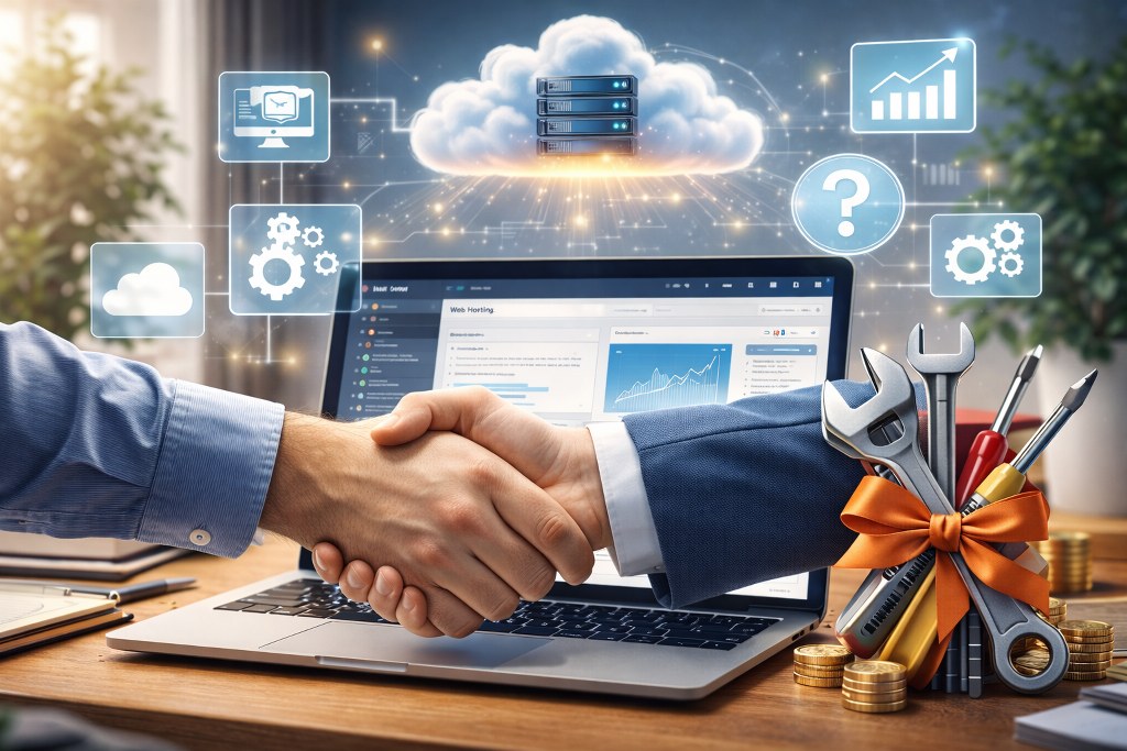A handshake in front of a web hosting dashboard