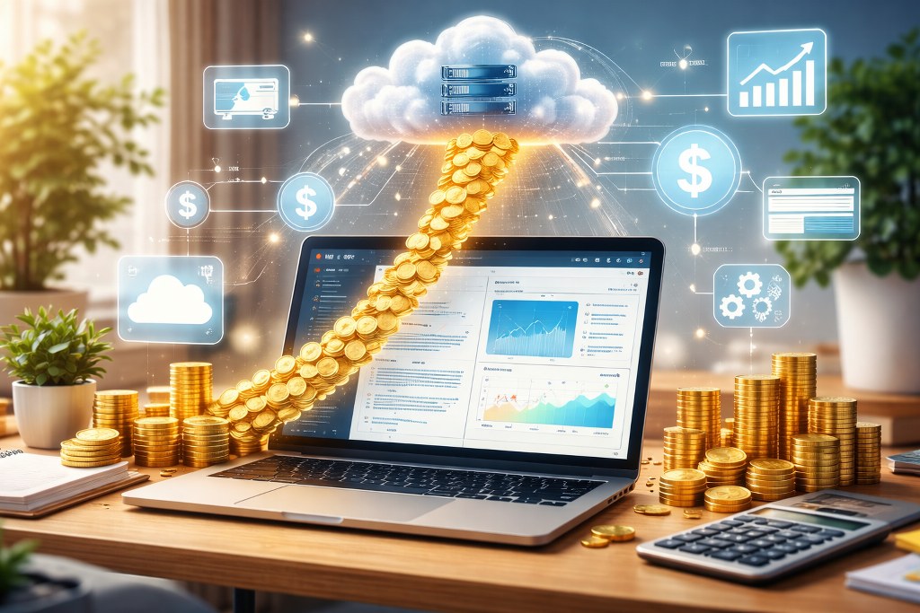 A laptop connected to cloud servers with flowing coins