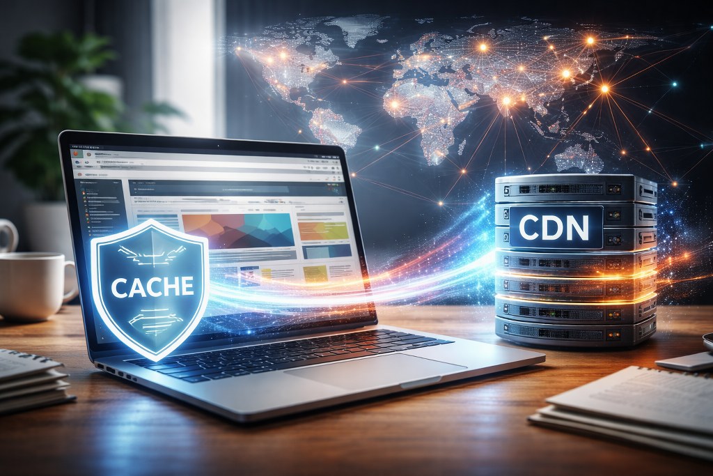 A laptop connects to a CDN server through glowing data streams