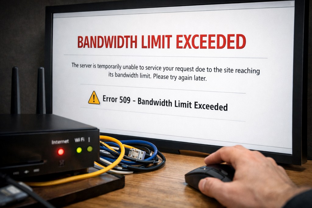 A laptop displays a bandwidth limit warning