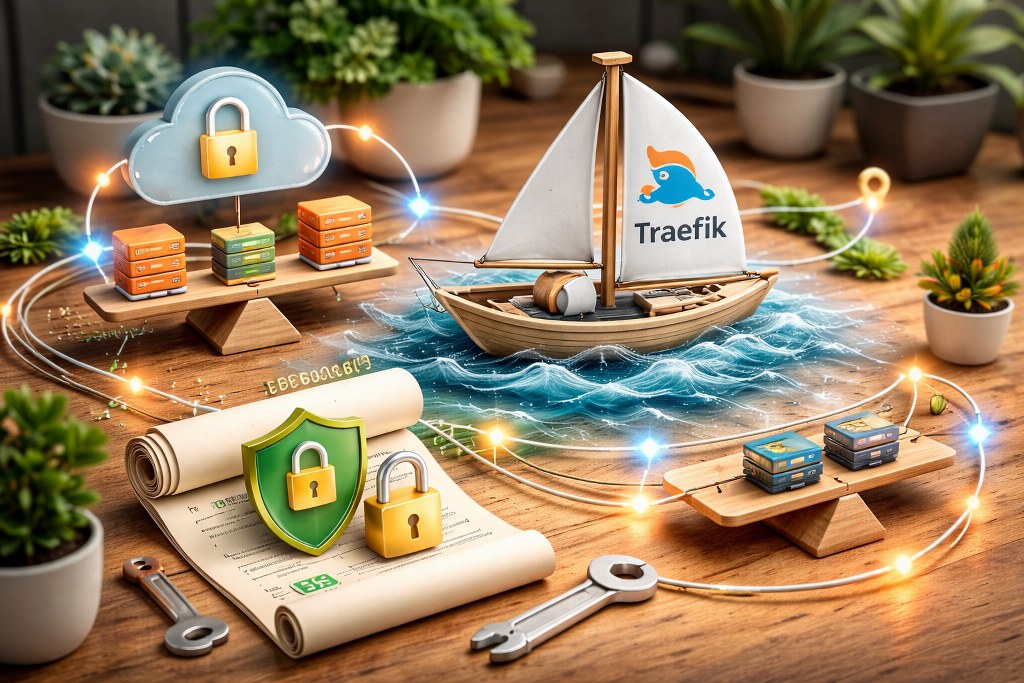 A miniature sailboat navigates glowing currents while balanced weights and lock symbols surround it