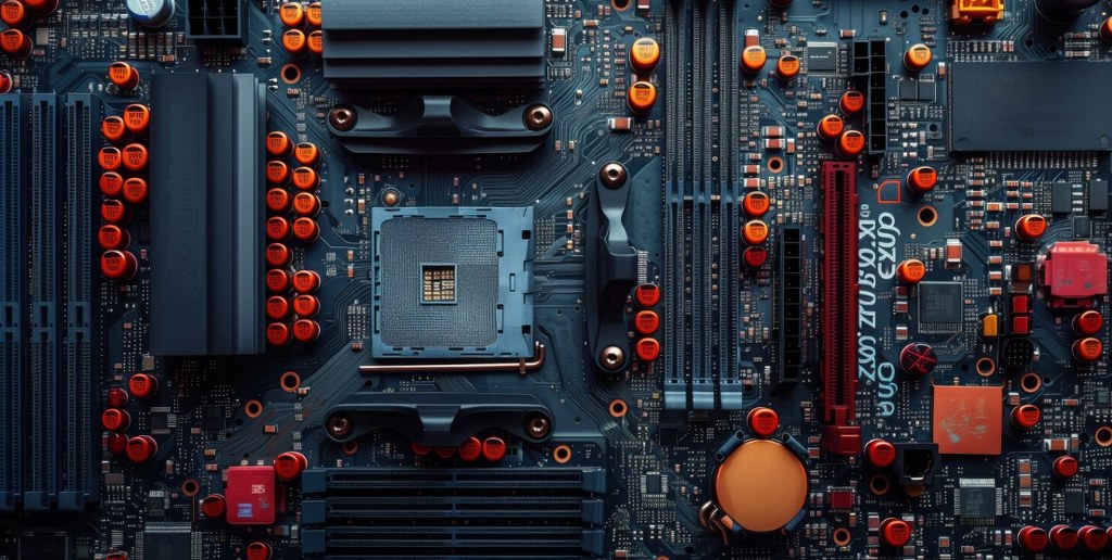 A motherboard with CPU and RAM slots.