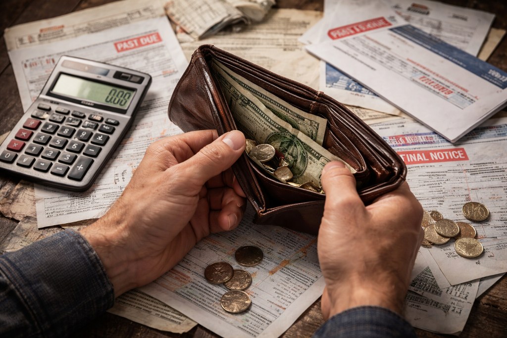 A nearly empty wallet surrounded by bills and loose coins