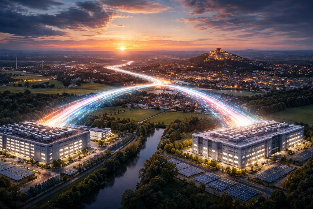 A panoramic view of two modern European data centers connected by glowing fiber optic