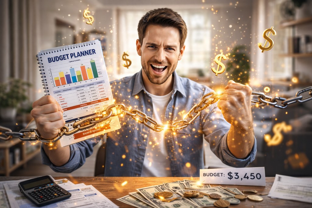 A person breaks glowing chains while holding a budget planner