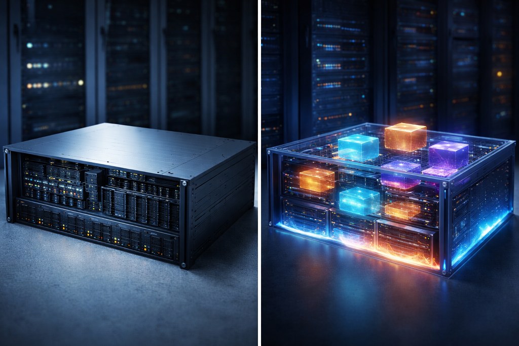 A physical server remains fixed and stable
