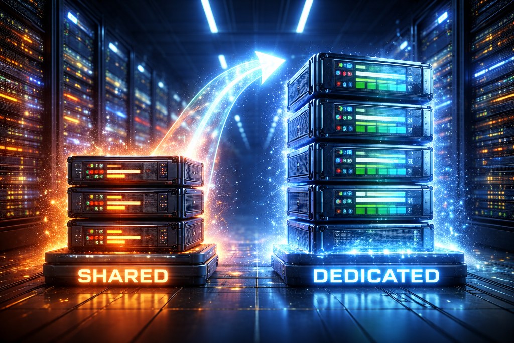 A powerful dedicated server replaces an overcrowded shared server, symbolizing improved performance, exclusive resources, and a seamless upgrade to higher reliability.