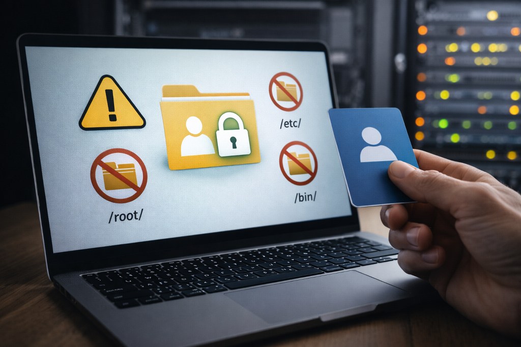 A secured laptop and server rack, with a locked user account and restricted folders
