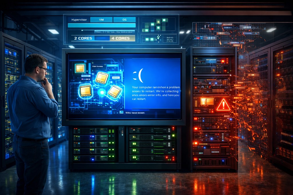 A server crashes with a blue system error during live CPU scaling in a data center.