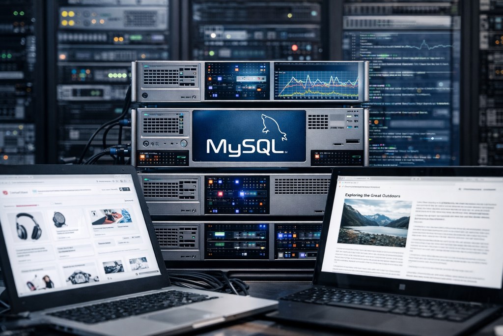 A server rack highlights MySQL powering secure database storage