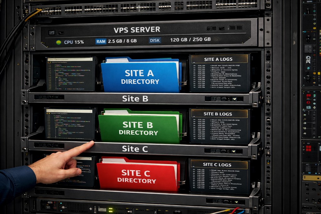 A server rack visualizes a VPS where each website runs in isolation