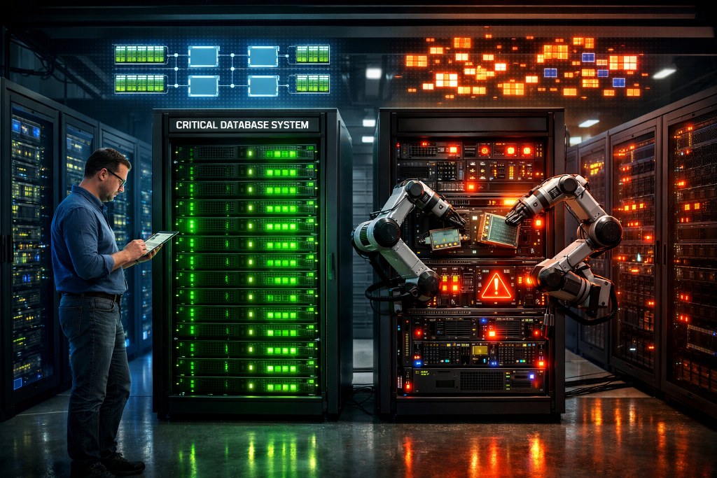 A server room scene contrasting a stable database server under planned maintenance