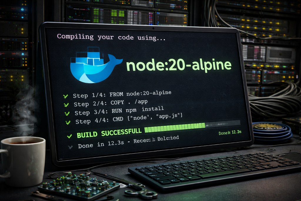 A server-room scene shows code being built inside a node 20-alpine container