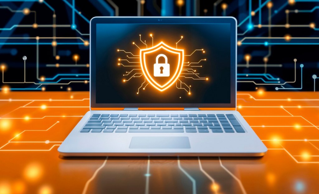 A shield and a padlock on a laptop illustrating website security.