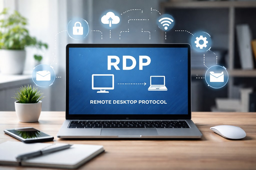 A simple visual of Remote Desktop Protocol showing a laptop securely connecting