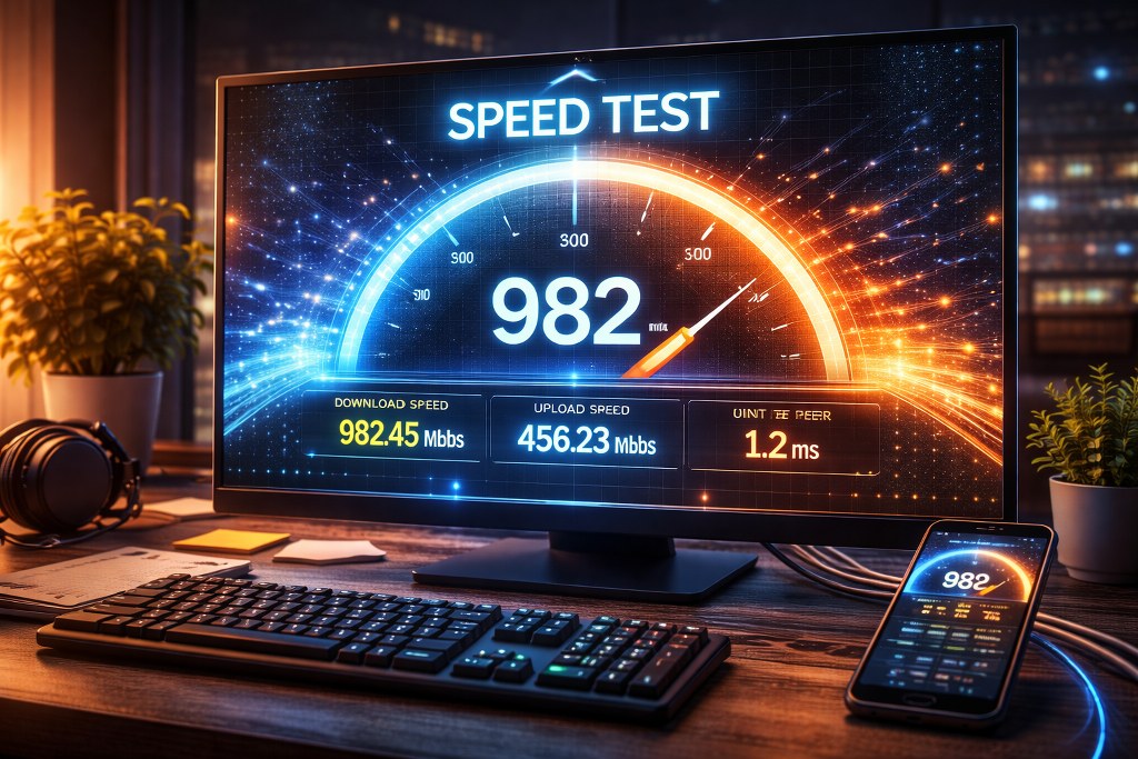 A speed test display showing ultra fast download, upload, and low latency