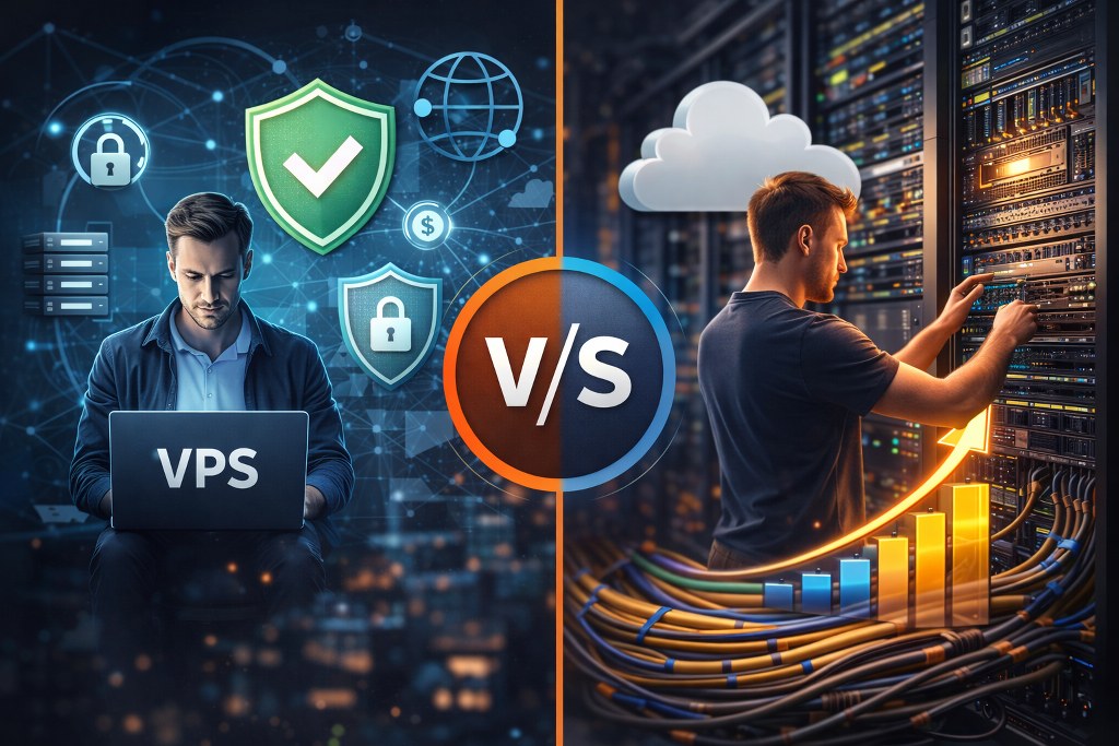A split comparison showing a secure, managed VPS environment on one side versus hands-on traditional server infrastructure on the other