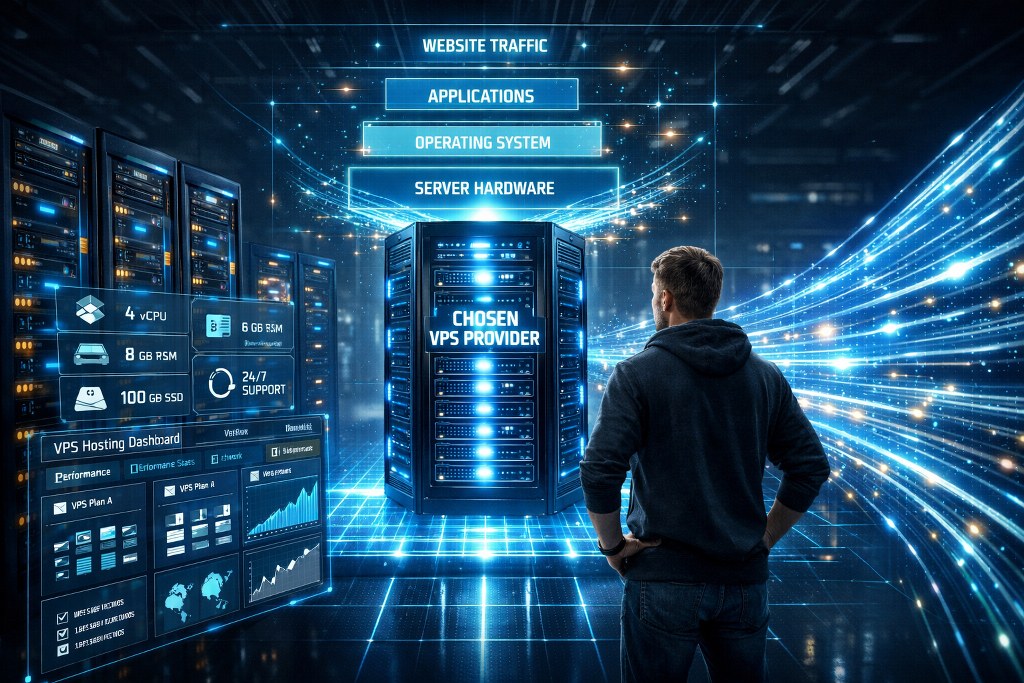 A system engineer monitors a powerful VPS infrastructure in a futuristic data center