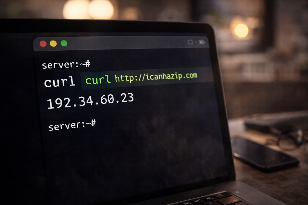 A terminal command checks connectivity, instantly returning the public IP to confirm the server is visible on the internet.