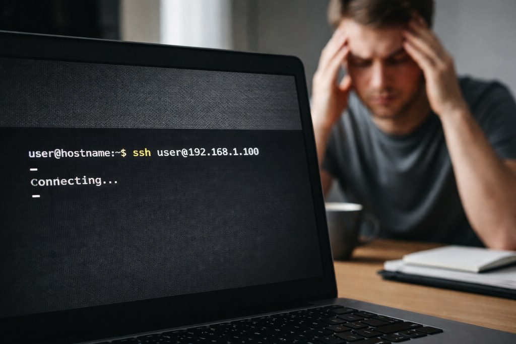 A terminal stuck on Connecting during an SSH session while a frustrated user waits