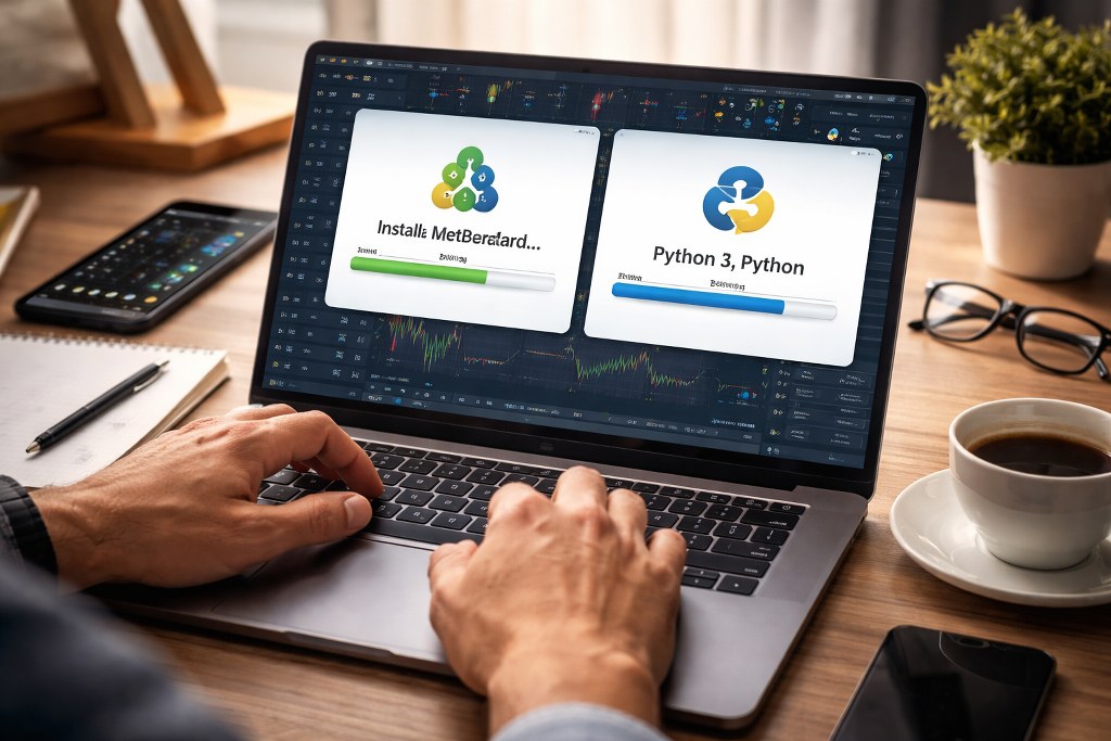 A trader installs MetaTrader and Python environments on a laptop