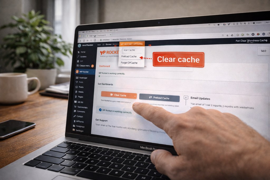 A user clicks the Clear Cache button on the WordPress dashboard, showing how to refresh and remove stored cache files.