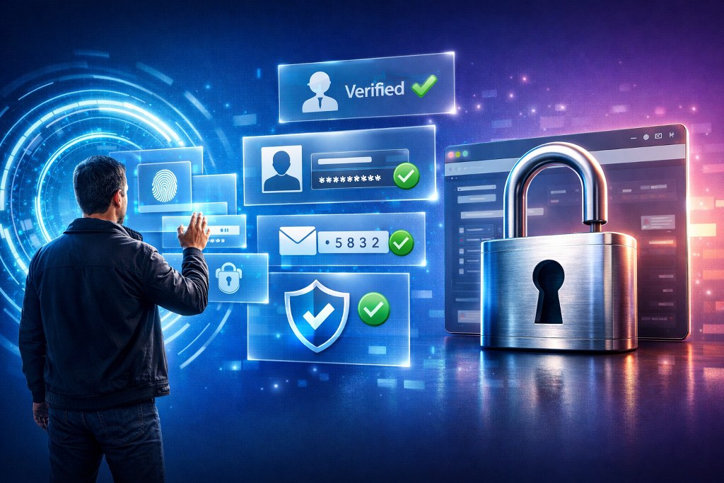 A user completes layered identity verification steps in a futuristic Zero Trust security interface