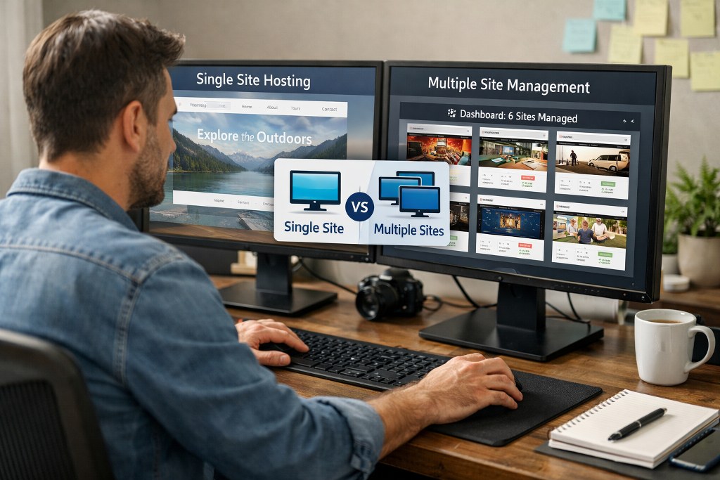 A web developer managing client websites on dual monitors, visually comparing single-site hosting versus centralized multiple-site management through a unified dashboard.