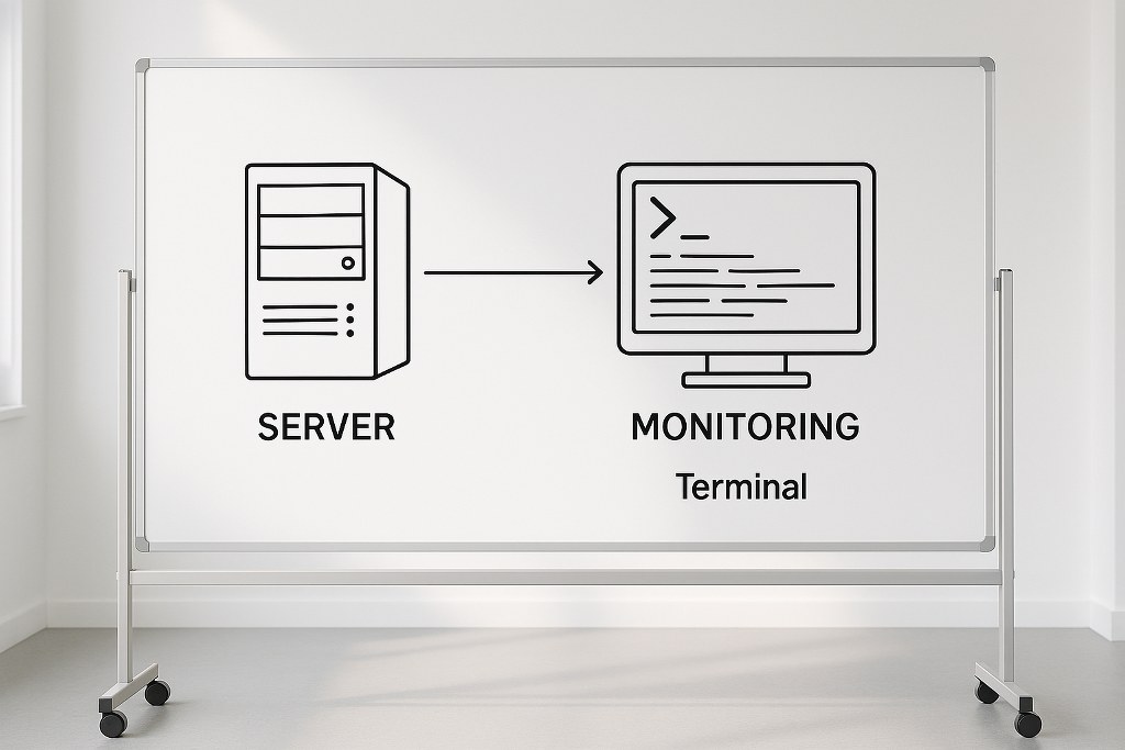 A whiteboard showing a server connected to a monitoring terminal.