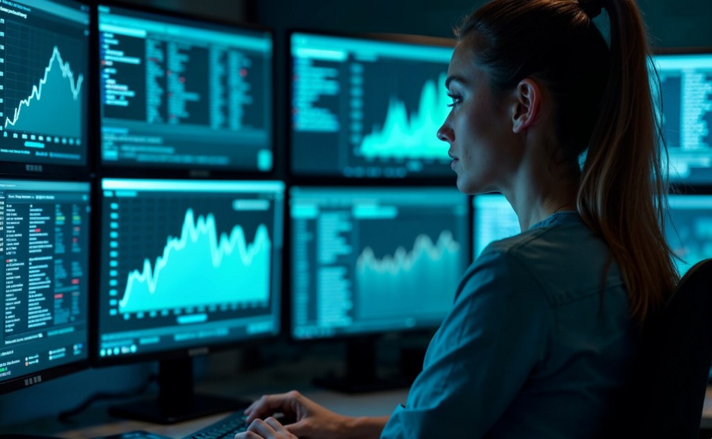 A woman monitoring systems.
