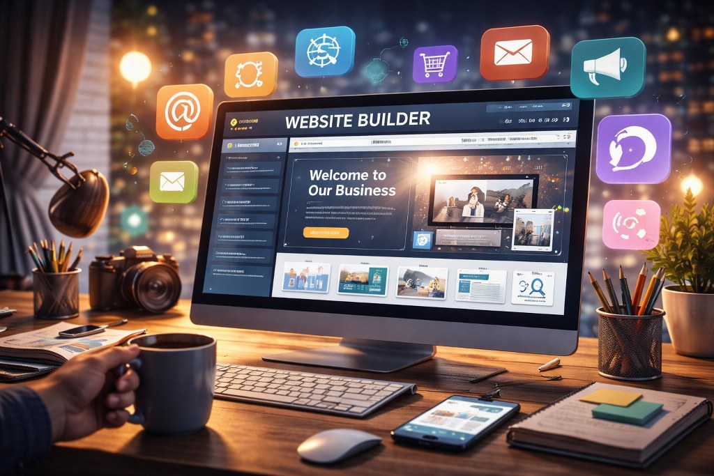 A workspace showing a website builder on screen with design tools and digital icons