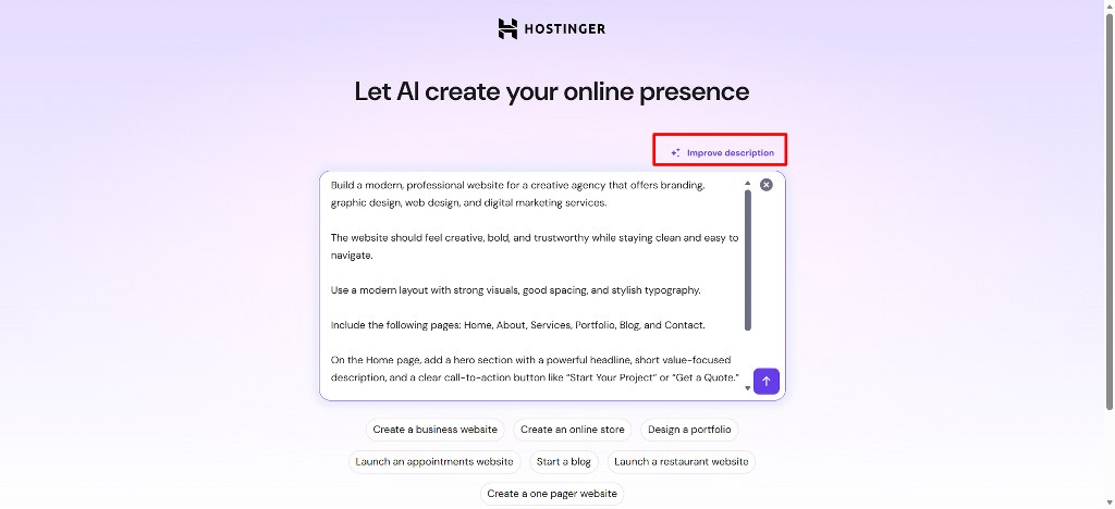 AI generated website description editor in Hostinger builder