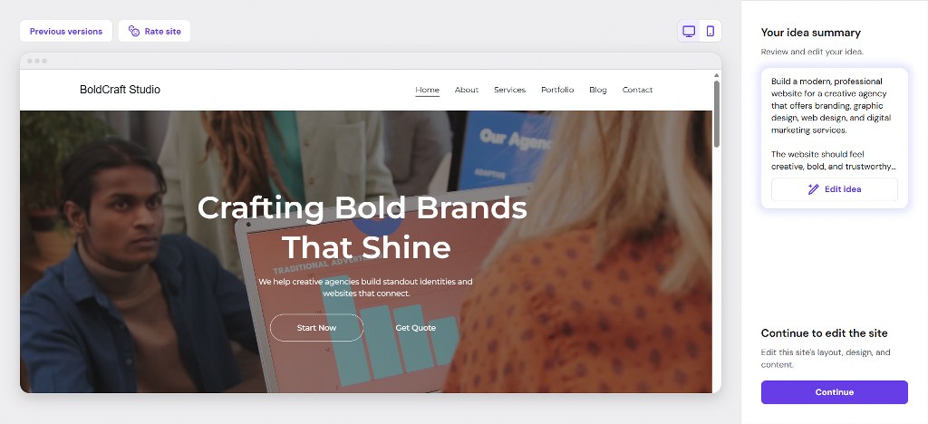 AI generated website preview with layout and content summary