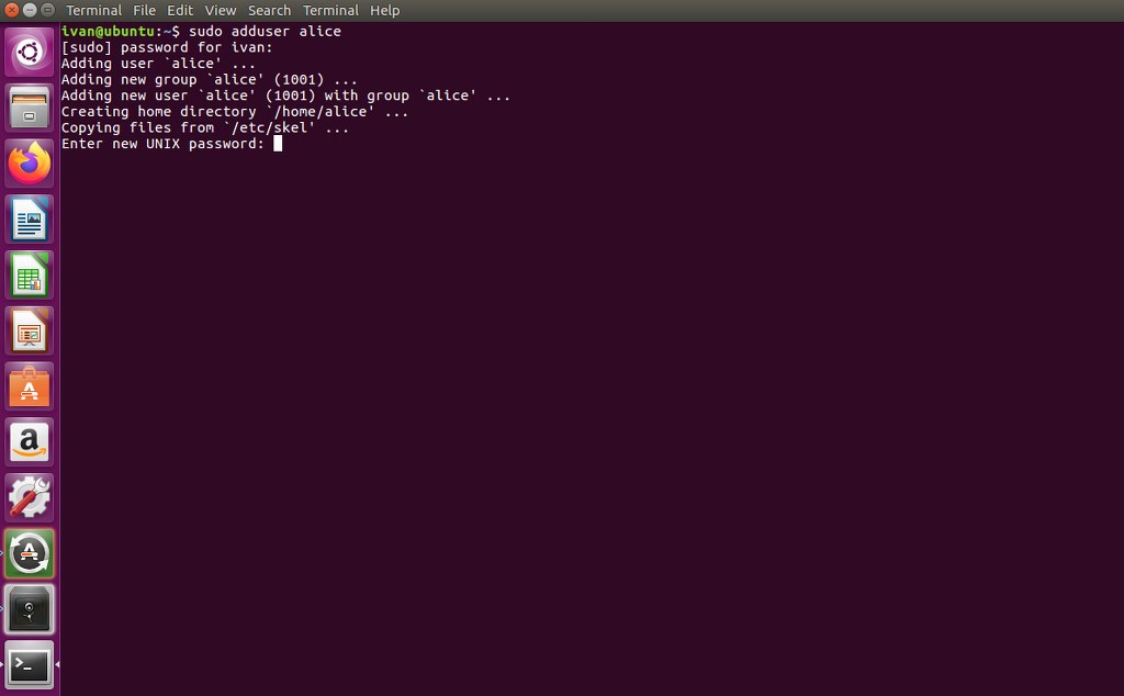 Adding user 'Alice' on Linux Ubuntu.