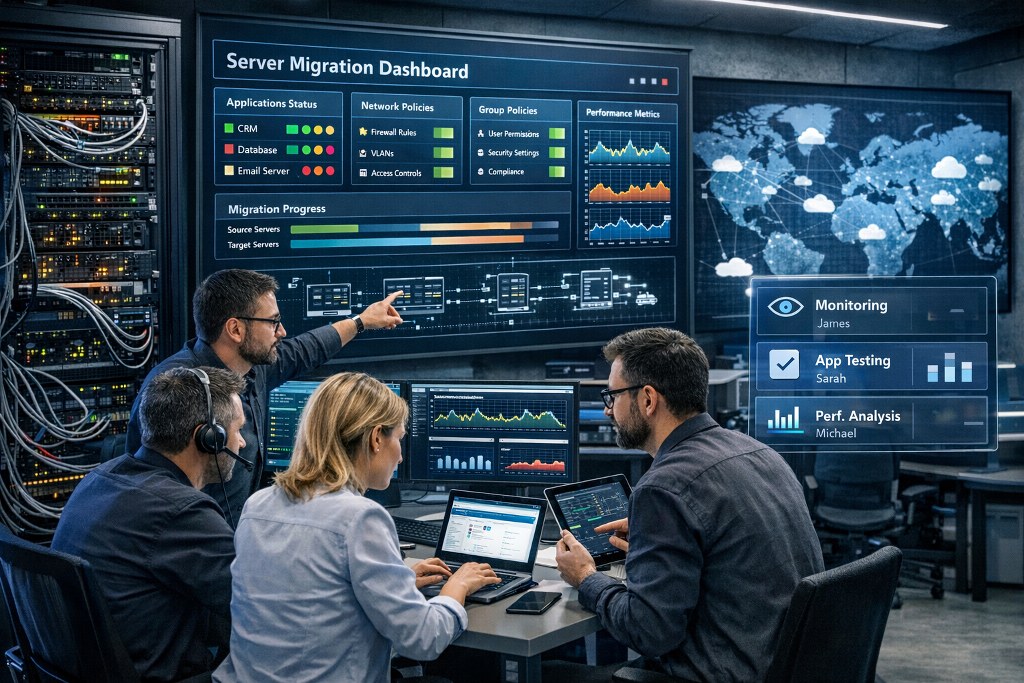 An IT team collaborates in a modern network operations center