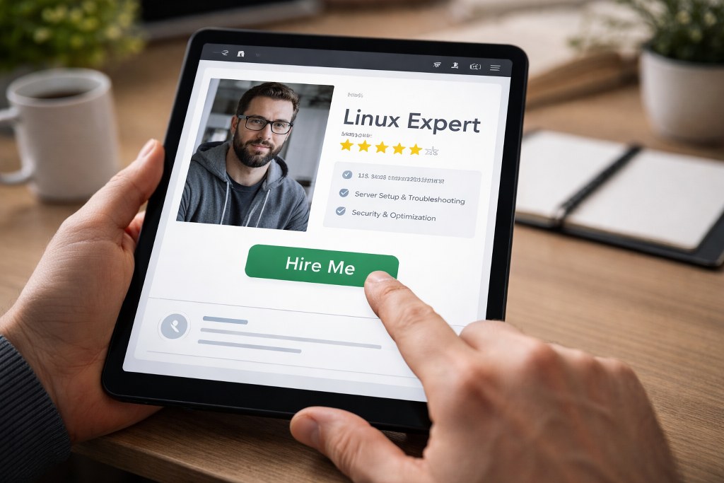 An online profile for a Linux expert, with a finger tapping the Hire Me button to book services.