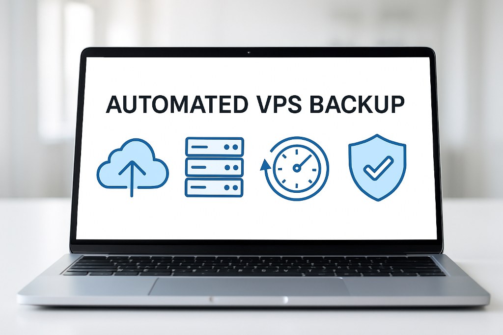 Automated VPS backup illustration on a laptop.